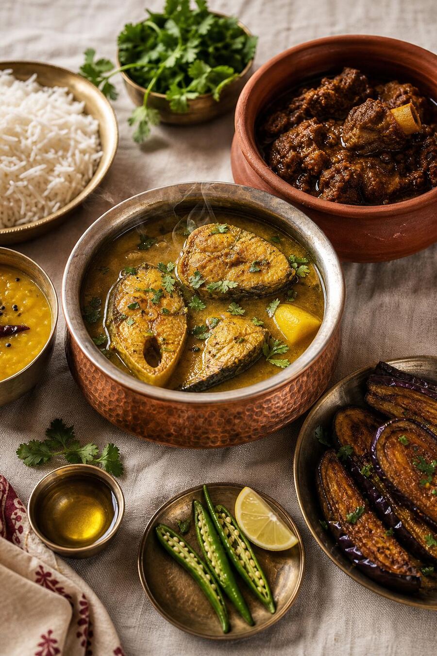 A spread of Bengali curries on a linen cloth
